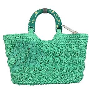 Capelli Handmade Straw Handbag Green Zip Top Lucite Handles NWT Summer Bags